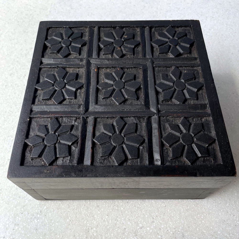 Hand Carved Floral Wood Box Square Decorative Storage Keepsake Chest Black